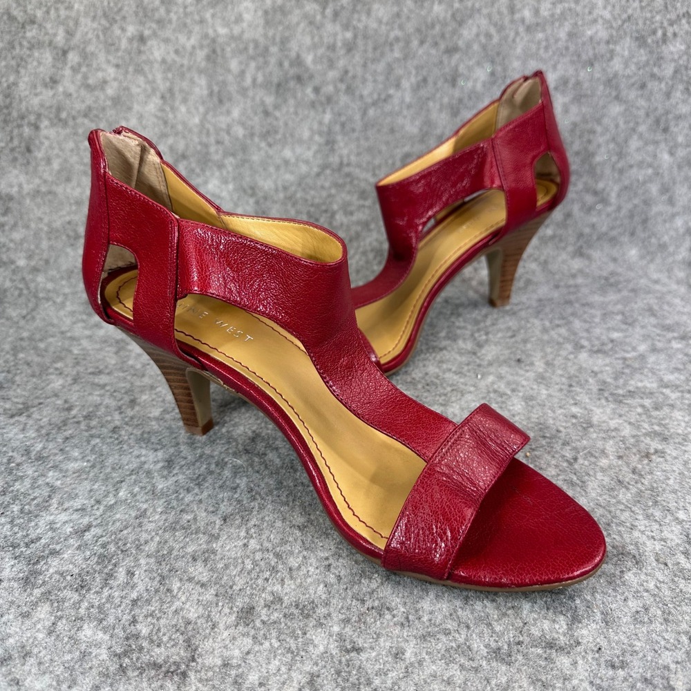 Nine West Womens Red Leather Wedge Sandals Size 8 T Strap Comfort Back Zip - Picture 5 of 14